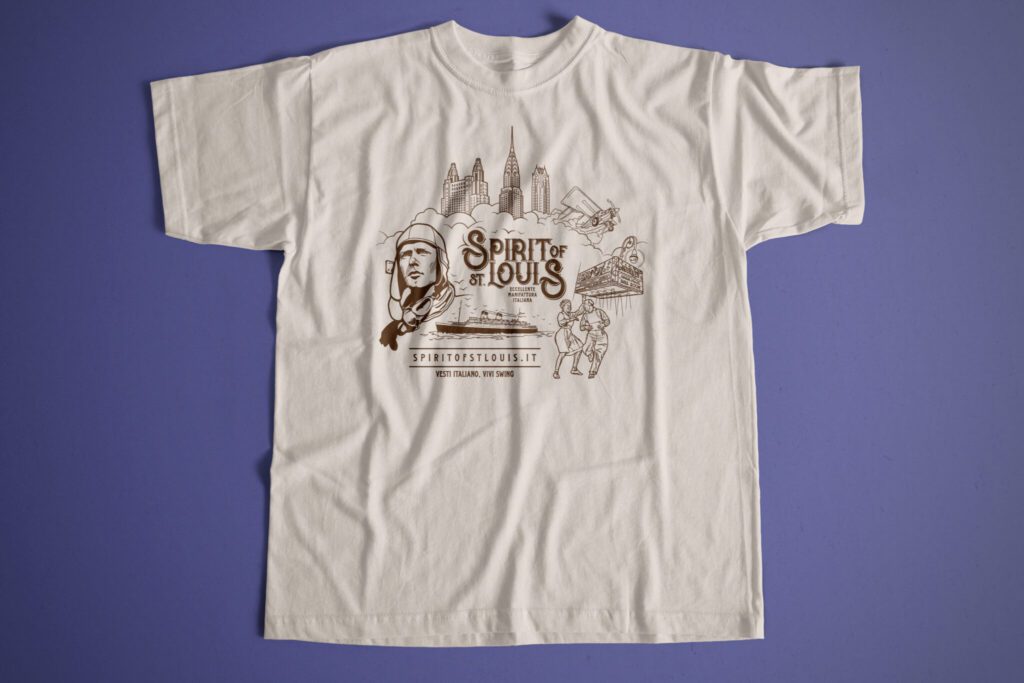 T-shirt Charles Lindbergh originale Spirit of St. Louis. Maglietta personalizzata con grafica originale tratta dalla swing era