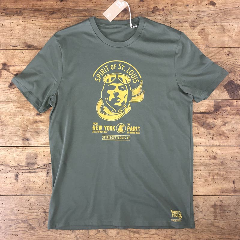T-shirt unisex in cotone organico verde kaki con stampa gialla logo Spirit of St. Louis