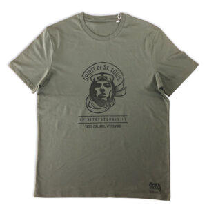 T-shirt unisex in cotone organico verde kaki stampata a mano con logo Spirit of St. Louis
