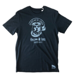 T-shirt unisex nera in cotone organico stampata a mano logo Spirit of St. Louis ghiaccio